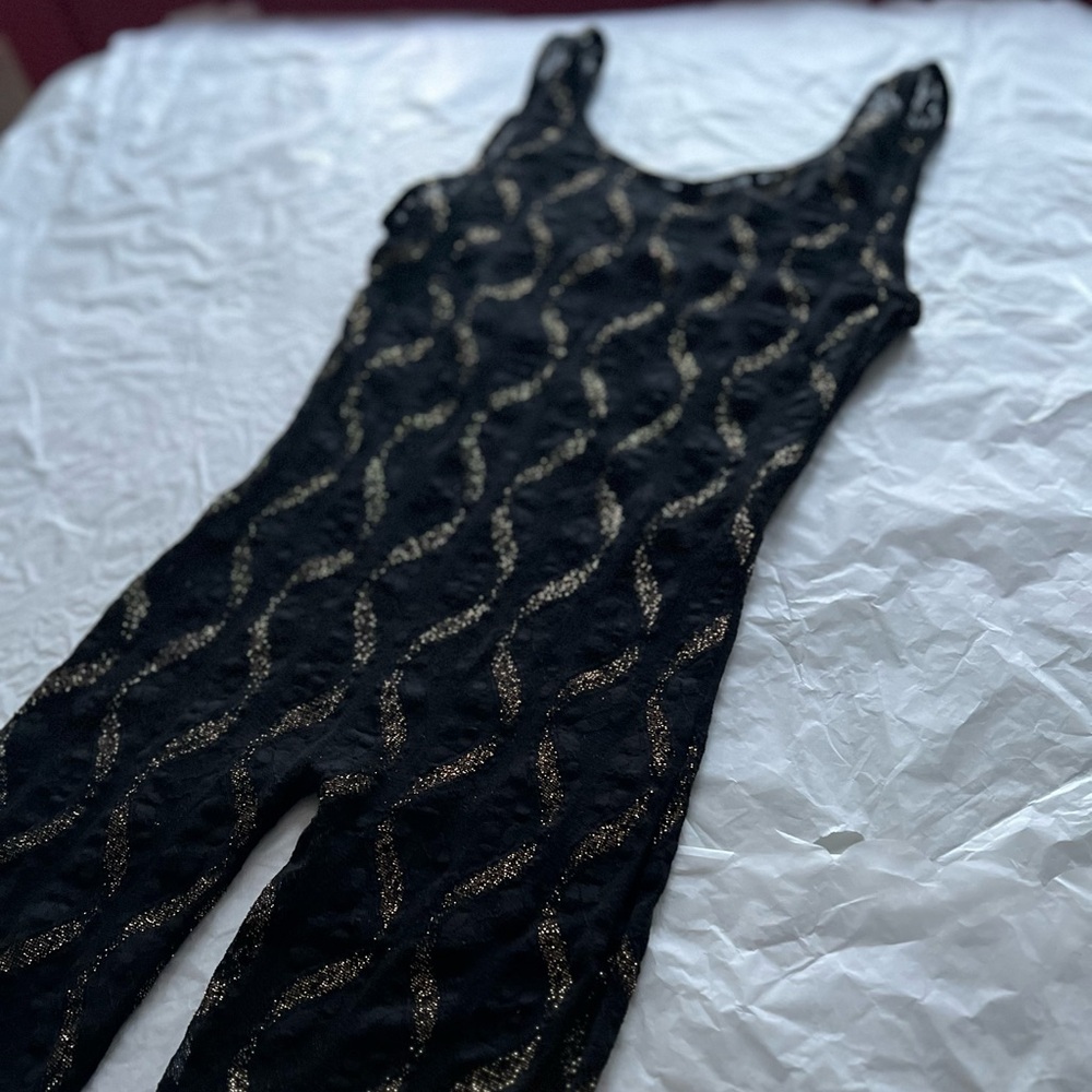 VTG 80s S sheer lace jumpsuit bodycon gold wavy lines disco small roller skating - Picture 8 of 13